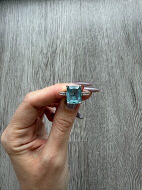 Silver pleated Ring with Large Aquamarine Blue Rectangular Stone rounded by pave